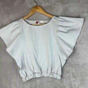 FP Beach Free People Light Blue Flutter Wing Sleeve Elastic Hem Top XS Made USA